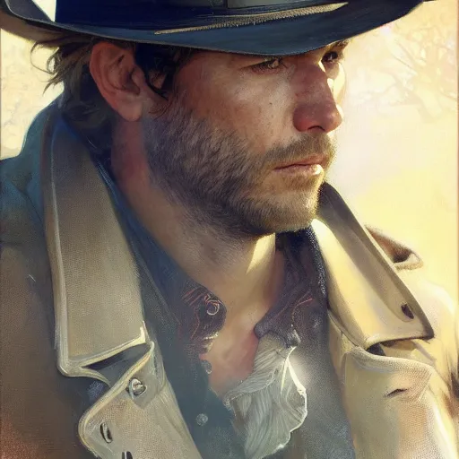 Image similar to hyperrealist portrait of arthur morgan by jeremy mann and alphonse mucha, fantasy art, photo realistic, dynamic lighting, artstation, poster, volumetric lighting, very detailed faces, award winning