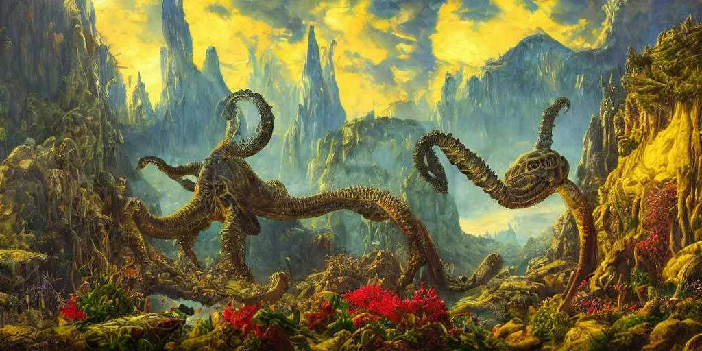 Image similar to fantasy oil painting, great leviathan, cybernetic turtle cephalopod terrapin reptilian pachyderm squid, bella hadid, hybrid, milla jovovich, anubis, epic natural light, lush plants flowers, spectacular mountains, bright clouds, luminous sky, outer worlds, golden hour, michael cheval, edward hopper, michael whelan, vray, hd