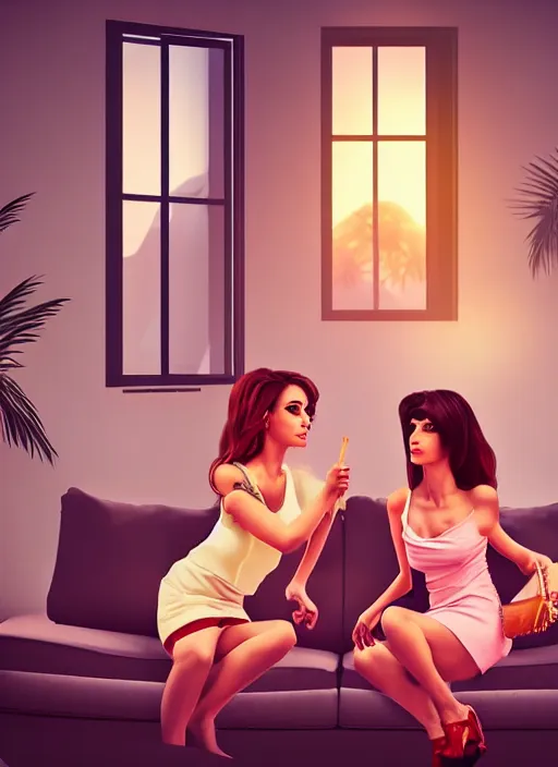 Image similar to two beautiful housewives in the living room on a hot summer evening getting bored and finding ways to entertain themselves, gorgeous faces, thick lines, cinematic lighting, detailed photorealistic digital art