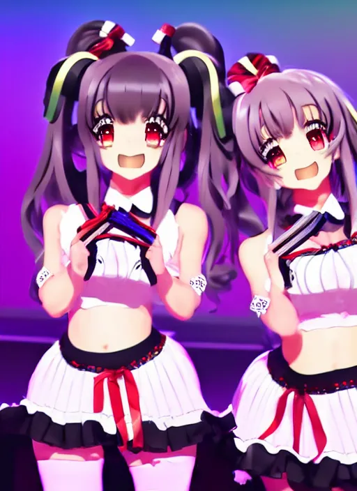 Image similar to two beautiful mature idols performing on stage, twintails, gorgeous faces, smooth, thick lines, cinematic lighting, detailed anime art