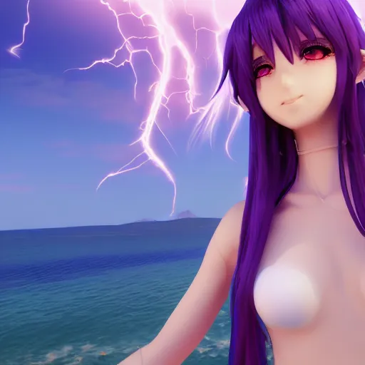 Prompt: render as a very beautiful 3d anime girl, full body, long braided purple hair, azure blue eyes, full round face, short smile, casual clothes, serene beach setting, cinematic lightning, medium shot, mid-shot, highly detailed, trending on Artstation, Unreal Engine 4k, cinematic wallpaper