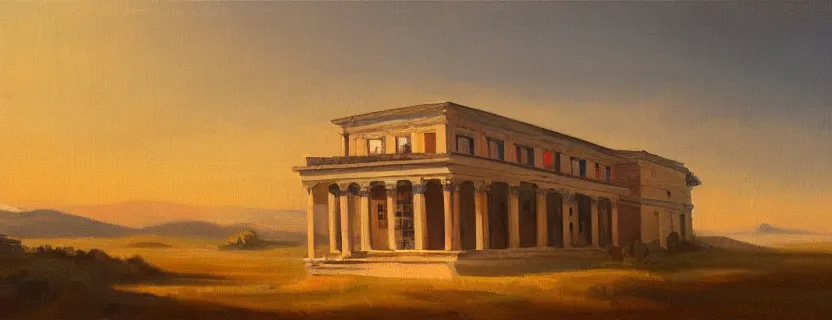 Image similar to oil landscape painting of a gigantic greek mansion, golden hour, concept art, renaissance, warm colors, wallpaper, 4 k, realistic lighting, brushstrokes, ultra - wide, minimalistic, cinematic composition