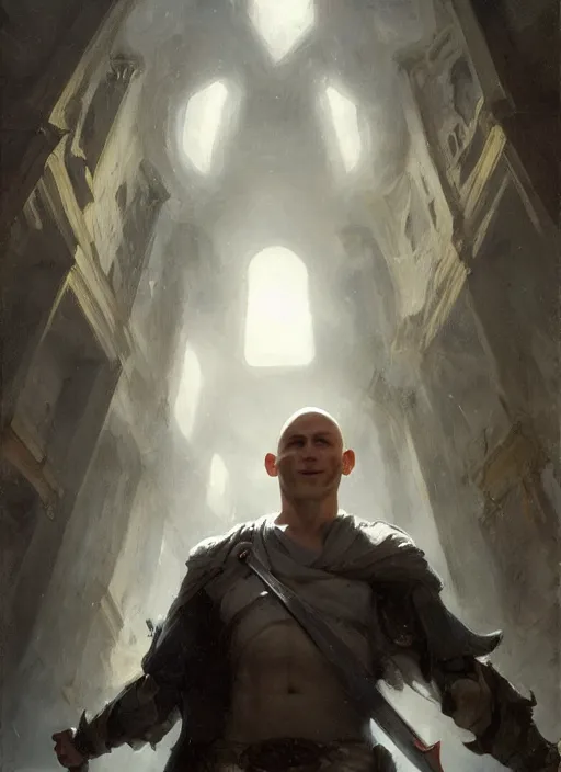 Prompt: a young man with wide, intense eyes, standing upside down on the ceiling. he is bald and clean shaven, dressed entirely in white and holding a huge sword. painting by greg rutkowski and raymond swanland