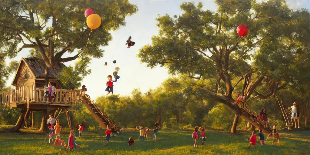 Prompt: masterful oil on canvas painting, eye - level view, shot from 5 0 feet distance, of kids playing in a treehouse. in the background human children run around having fun. golden hour, detailed, depth, volume, chiaroscuro, quiet intensity, limited color palette. in the background there are a couple of balloons floating in the sky.