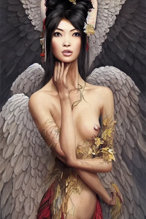 Image similar to a professional painting of a beautiful fallenangel geisha , olive skin, long dark hair, beautiful bone structure, symmetrical facial features, intricate, elegant, digital painting, concept art, smooth, sharp focus, illustration, by Ruan Jia and vitaly bulgarov and andrew nash and and Mandy Jurgens and musha and Artgerm and William-Adolphe Bouguerea