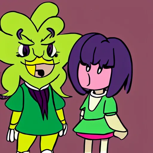 Image similar to kris from deltarune and lucy loud comparing hairstyles, bemused by each other, anime style