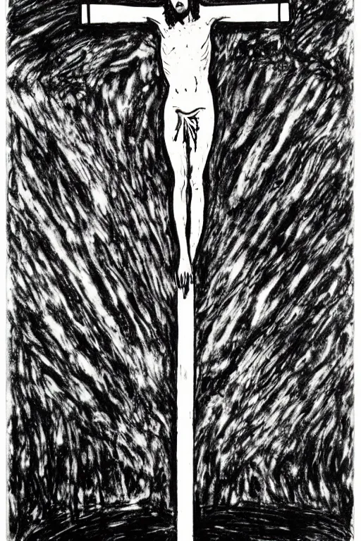 Image similar to bloody christ crucified looking like a big mushroom painted in black and white by cy twombly and andy warhol