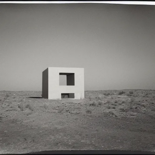 Image similar to concrete structure in the desert at night, minimalistic architecture, dark, surreal, open space, light art, james turrel, old polaroid, expired film,