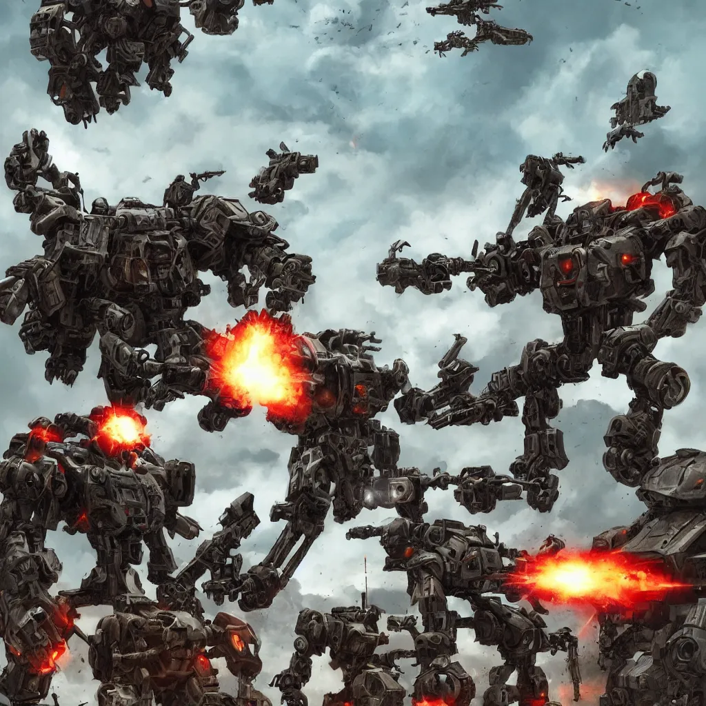 Image similar to war mechs fighting, mech battlefield, wartorn, desolate gloomy planet, science fiction