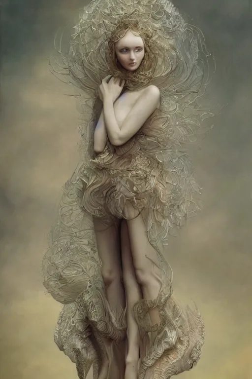 Prompt: an intricate realistic oil painting of a fashion model resembling lily cole, wearing avant garde fashion, shoes, clothing by alexander mcqueen, clothing by iris van herpen, full body, headspace, runway, by tom bagshaw, by karol bak, emil melmoth