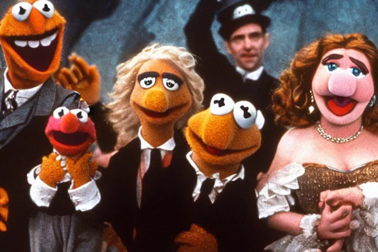 Prompt: muppets holding onto a sinking titanic cinematic movie still