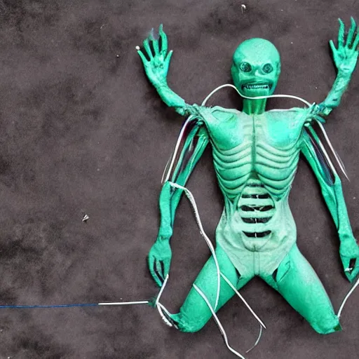 Image similar to alien autopsy, drone view