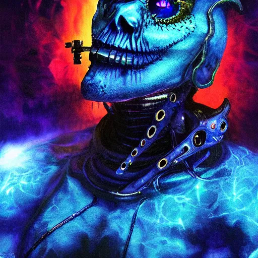 Prompt: singularity blue demon seated, with high tech body interface. iridescent textures. highly detailed fantasy science fiction painting. highly detailed fantasy science fiction painting by vrubel and chris cunningham. smoke and light glow. dark. artstation