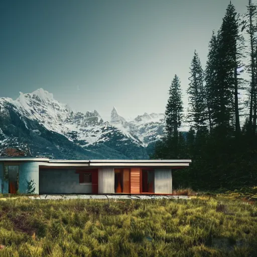 Image similar to wes anderson style modern futuristic house near the lake, snowy mountains and green forest, cinematic, realism, photo, detailed