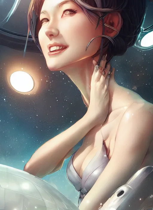 Prompt: woman sitting on a spaceship window, beautiful detailed dress, close - up body composition, highly detailed face, smiling, by artgerm, by wlop, by greg rutkowski, anime style, octane render