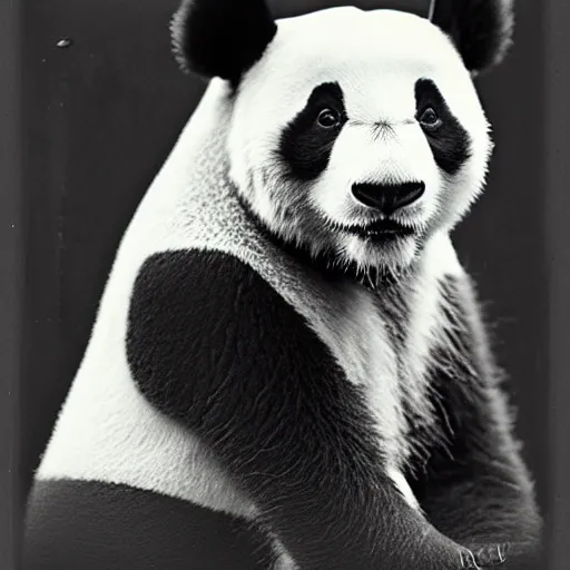 Prompt: tintype photo, panda, smiling
