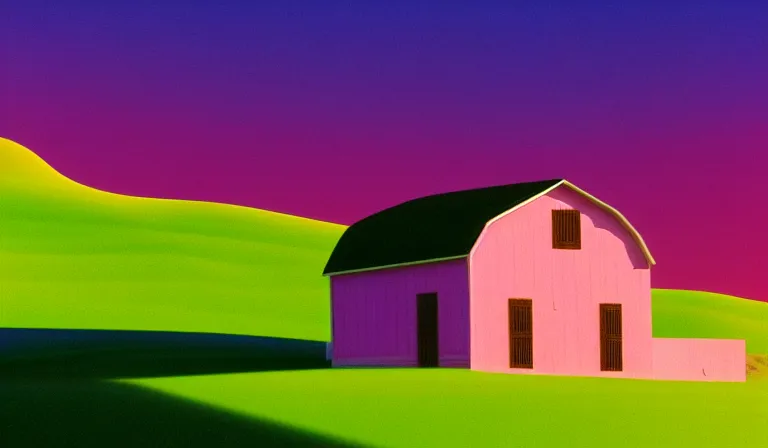 Prompt: a beautiful, sharp focus, and immaculate barn on the palouse. vaporwave ombre rendering. outrun style. trending on artstation. recommended for you behance. by chris moore. by edward hopper. beeple colors. ambient occlusion. digital matte painting. metropolis filmic. gotham city. overcast.