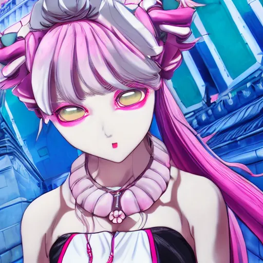 Prompt: trapped by stunningly beautilful omnipotent megalomaniacal anime asi goddess who looks like junko enoshima with symmetrical perfect face and porcelain skin, pink twintail hair and cyan eyes, taking control while smiling inside her surreal vr castle, hyperdetailed, digital art from danganronpa, 2 d anime style, 8 k