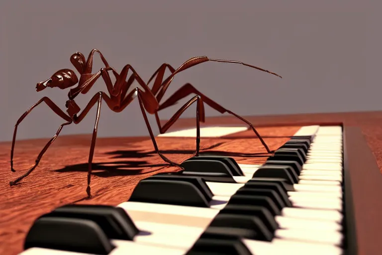 Image similar to a giant ant sitting on a piano bench wearing a bow tie and playing the piano, unreal engine, photorealistic digital art