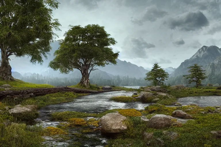 Image similar to A flowery meadow with a large tree in the left and a river on the right with rocky sides, a wooden bridge on the right and realistic mountains in the background, a slightly overcast sky at sunrise. ultra realistic, matte painting, concept art, 4k, trending on artstation, octane render, wide lens.