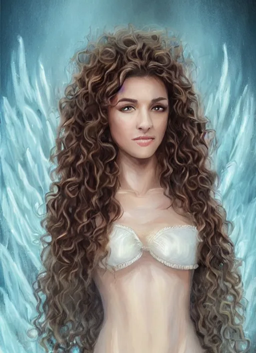 Image similar to beautiful angel woman, brunette smiling , curly hairstyle, looks like Ebru Şahin, Reyyan, looks like Fabiula Nascimento, looks like Laura Barriales, looks like Julia Roberts, D&D, fantasy, intricate, elegant, highly detailed, digital painting, artstation, concept art, character design, smooth, sharp focus, illustration, art by artgerm and greg rutkowski and alphonse mucha