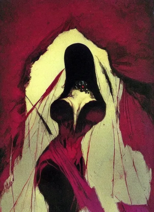 Image similar to svelt iranian korean vampiress, jeweled veil, strong line, saturated color, beautiful! coherent! by frank frazetta, high contrast, minimalism