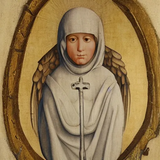 Prompt: realistic medieval painting portrait of white angel with clean narrow face like noface, 3 / 4, miracle light coming up from the head up and up, misty space, grace and blessing, sfumato effect by hieronymus bosch, by leonardo da vinci, renaissance, christianity, glow effect, white background