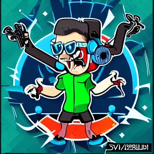 Image similar to svg vector sticker of absolutely insane-mad-scientist-villain, rocking out, wearing headphones, huge speakers, dancing, rave, DJ, spinning records, digital art, amazing composition, rule-of-thirds, award-winning, trending on artstation, featured on deviantart