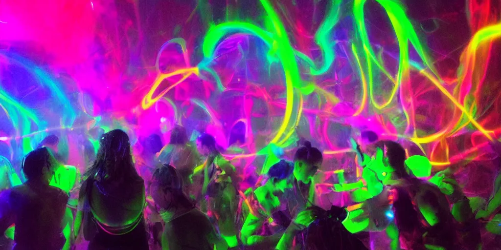 Image similar to love, groups of people with glowing blacklight bodies, from behind, rebirth, beauty, wide angle, elaborate, wet, highly detailed, smoke, steam, rainbow lasers, reflections, vivid colors, beautiful lighting