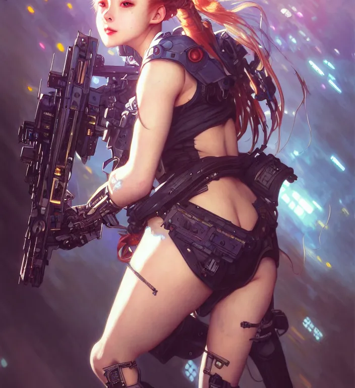 Prompt: full body painting of chuu loona cyberpunk mercenary smiling and jumping, perfect face, ultra realistic, concept art, intricate details, eerie, highly detailed, photorealistic, octane render, 8 k, unreal engine. art by artgerm and greg rutkowski and magali villeneuve and alphonse mucha