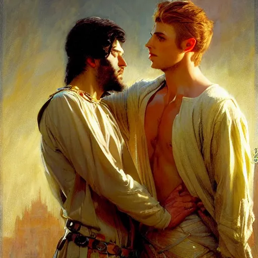 Image similar to attractive fully clothed king confesses his love for his attractive fully clothed male prince. highly detailed painting by gaston bussiere, mark brooks, j. c. leyendecker, craig mullins