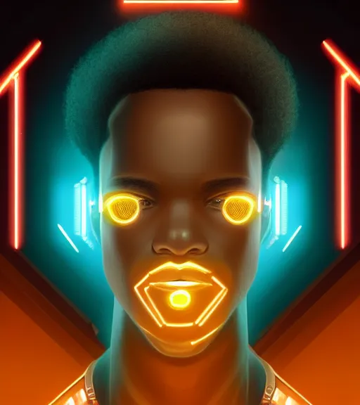 Image similar to symmetry!! african prince of technology, solid cube of light, hard edges, product render retro - futuristic poster scifi, lasers and neon circuits, brown skin man african prince, intricate, elegant, highly detailed, digital painting, artstation, concept art, smooth, sharp focus, illustration, dreamlike, art by artgerm
