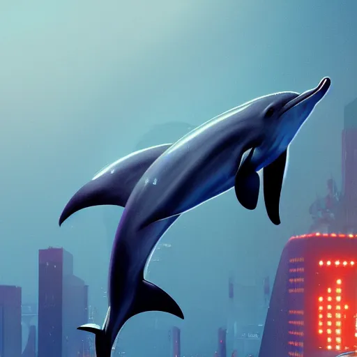 Prompt: a dolphin in cyberpunk outfit, cinematic