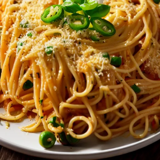 Image similar to super cheesy spaghetti topped with jalapenos, 4 k closeup