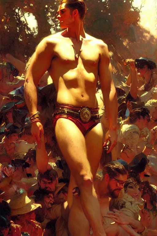 Image similar to festival, attractive male, character design, dynamic lighting, cool and bright tint, painting by gaston bussiere, craig mullins, j. c. leyendecker, tom of finland