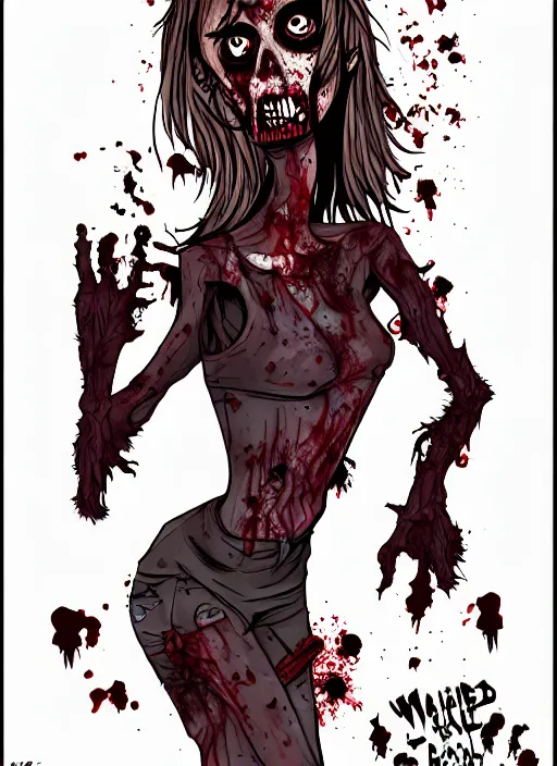 Image similar to zombie girl by matthieu cousin and wendy pini, pen and ink illustration, fine inking lines, flat colors, character design, concept art