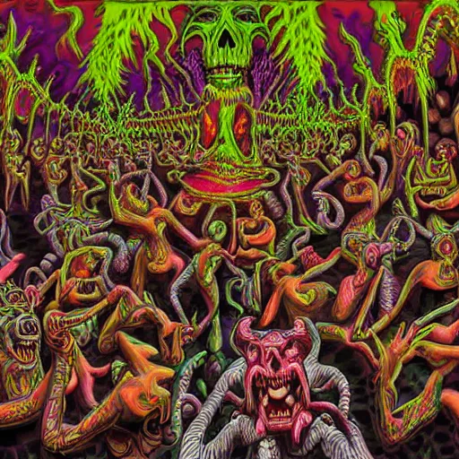 Prompt: digital painting of demons in rave party in hell by Chor Boogie, intricate details, ultra detailed, 4K, award-winning, touch of M. C. Escher