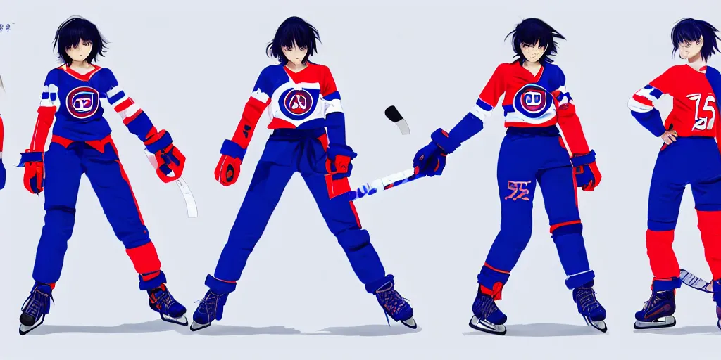 Image similar to females akira anime cyberpunk super star ice hockey players, wearing a light futuristic habs jersey, blue white and red color blocking, character concept exploration, outfit designs, trending on artstation, photorealistic, 8k