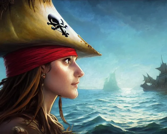 Prompt: pirate hat floating in the sea, low view shot, close up, deep focus, d & d, fantasy, intricate, elegant, highly detailed, digital painting, artstation, concept art, matte, sharp focus, illustration, hearthstone, art by artgerm and greg rutkowski and alphonse mucha