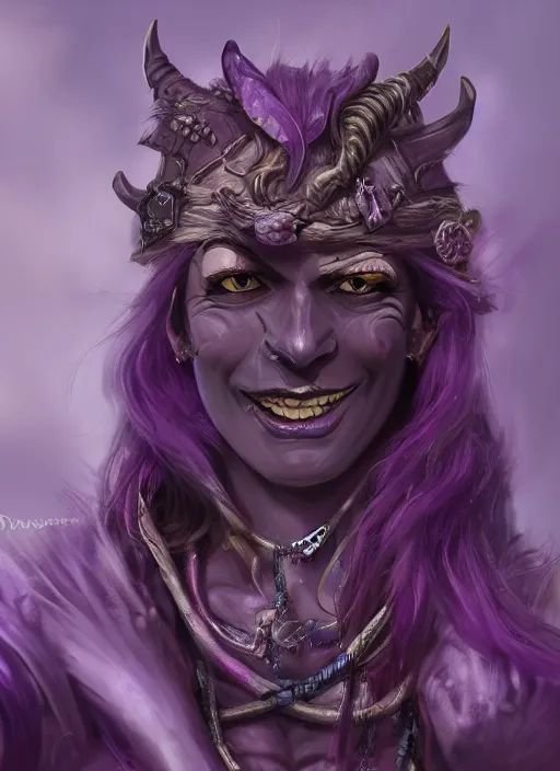 Image similar to purple skin, Tiefling Pirate, laughing, beautiful detailed eyes, cute, fantasy, intricate, elegant, highly detailed, digital painting, 4k, HDR, concept art, detailed jewelry, smooth, sharp focus, illustration, by Douglas Shuler