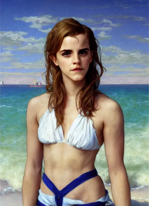 Image similar to portrait emma watson as sea lifeguard on the beach, full length shot, shining, 8k highly detailed, sharp focus, illustration, art by artgerm, mucha, bouguereau