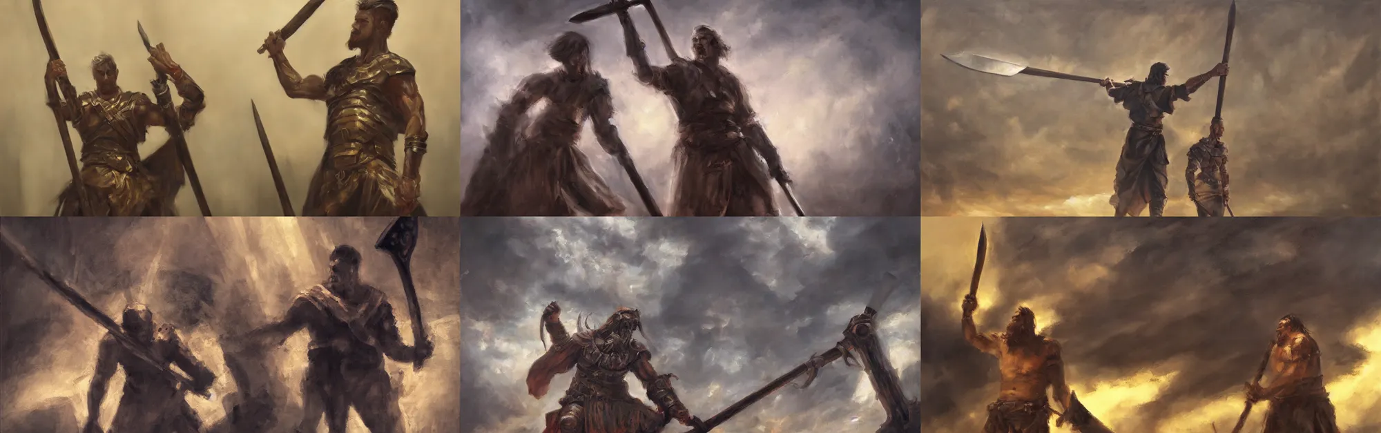 Prompt: A big male babarian with a large battleaxe in his raised hand, cinematic, dramatic light, oil on canvas, concept art, artatation