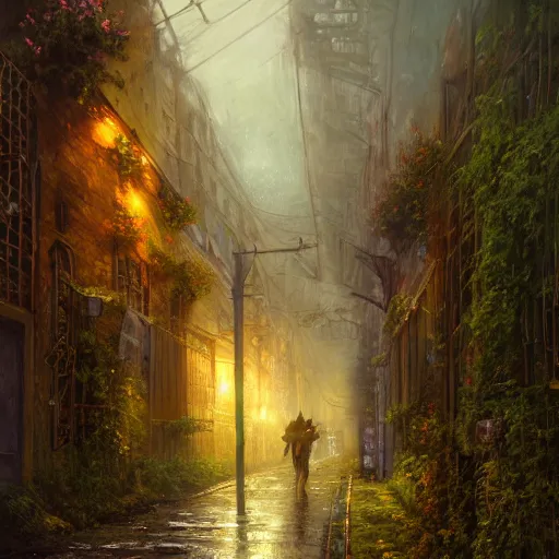 Prompt: the streets of an abandoned crumbling city overgrown by flowers and vines by tyler edlin, jean delville, john aktinson grimshaw, robert hubert, french romanticism style, oil on canvas, cinematic lighting, vibrant, hdr, concept art, rain reflections