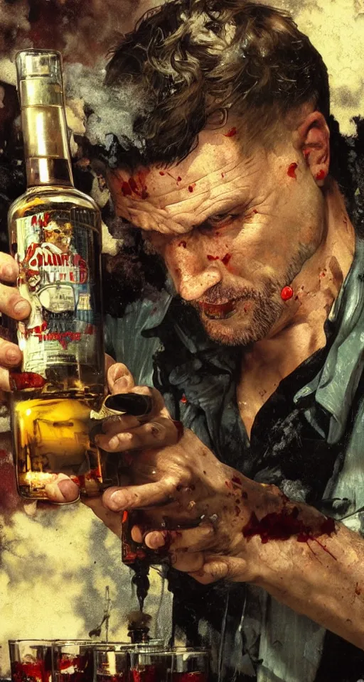 Image similar to close up of bloodied max payne pouring vodka, sun shining, photo realistic illustration by greg rutkowski, thomas kindkade, alphonse mucha, loish, norman rockwell.