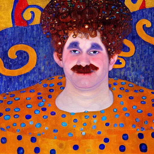 Prompt: detailing character concept portrait of clown by Gustav Klimt, on simple background, oil painting, middle close up composition