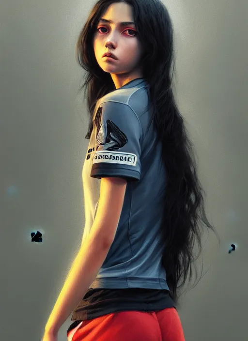 Image similar to ultradetailed beautiful painting of a stylish young lady wearing a sport top, dramatic, she has black long hair, distressed, volumetric light, full body portrait by greg rutkowski, ilya kuvshinov, james jean, makoto shinkai, on artstation