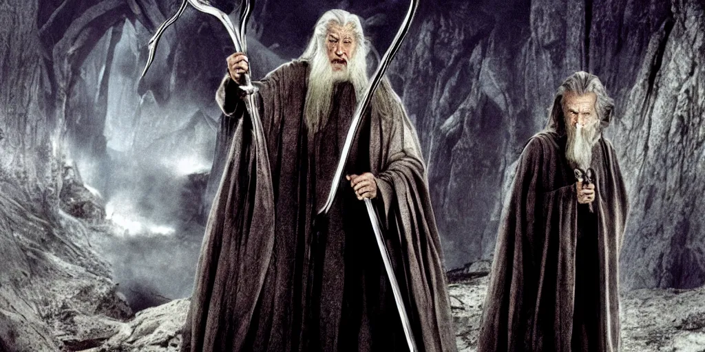 Prompt: movie still, lord of the rings directed by ridley scott, gandalf in the style of h. r. giger, holding a metallic staff, dark, cinematic, cinemascope