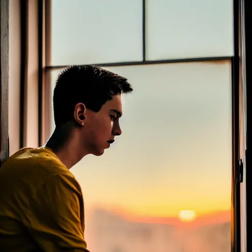 Image similar to a boy, 2 5 years old, numb, hopeless, sitting alone in front of the window, evening time, gloomy, sunset, boy staring at the window, very sad emotion, extremely realistic, 4 k, hd