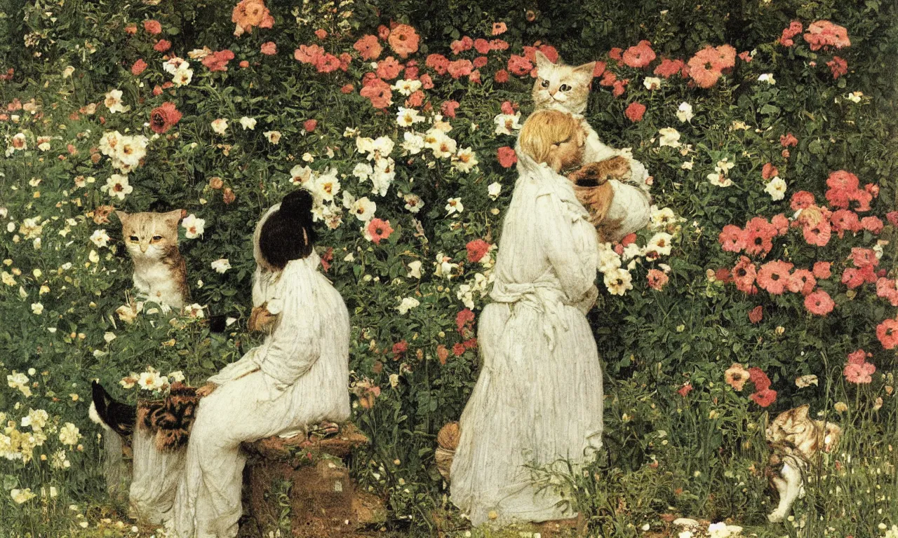 Image similar to a portrait of a cat sitting in the garden surrounded by flowers and plants, painting by Lawrence Alma-Tadema, children's book illustration