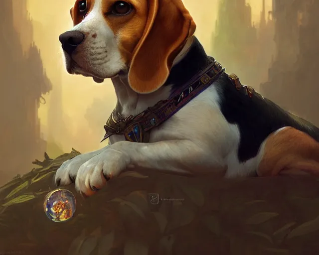 Image similar to photography of a beagle, deep focus, d & d, fantasy, intricate, elegant, highly detailed, digital painting, artstation, concept art, matte, sharp focus, illustration, hearthstone, art by artgerm and greg rutkowski and alphonse mucha